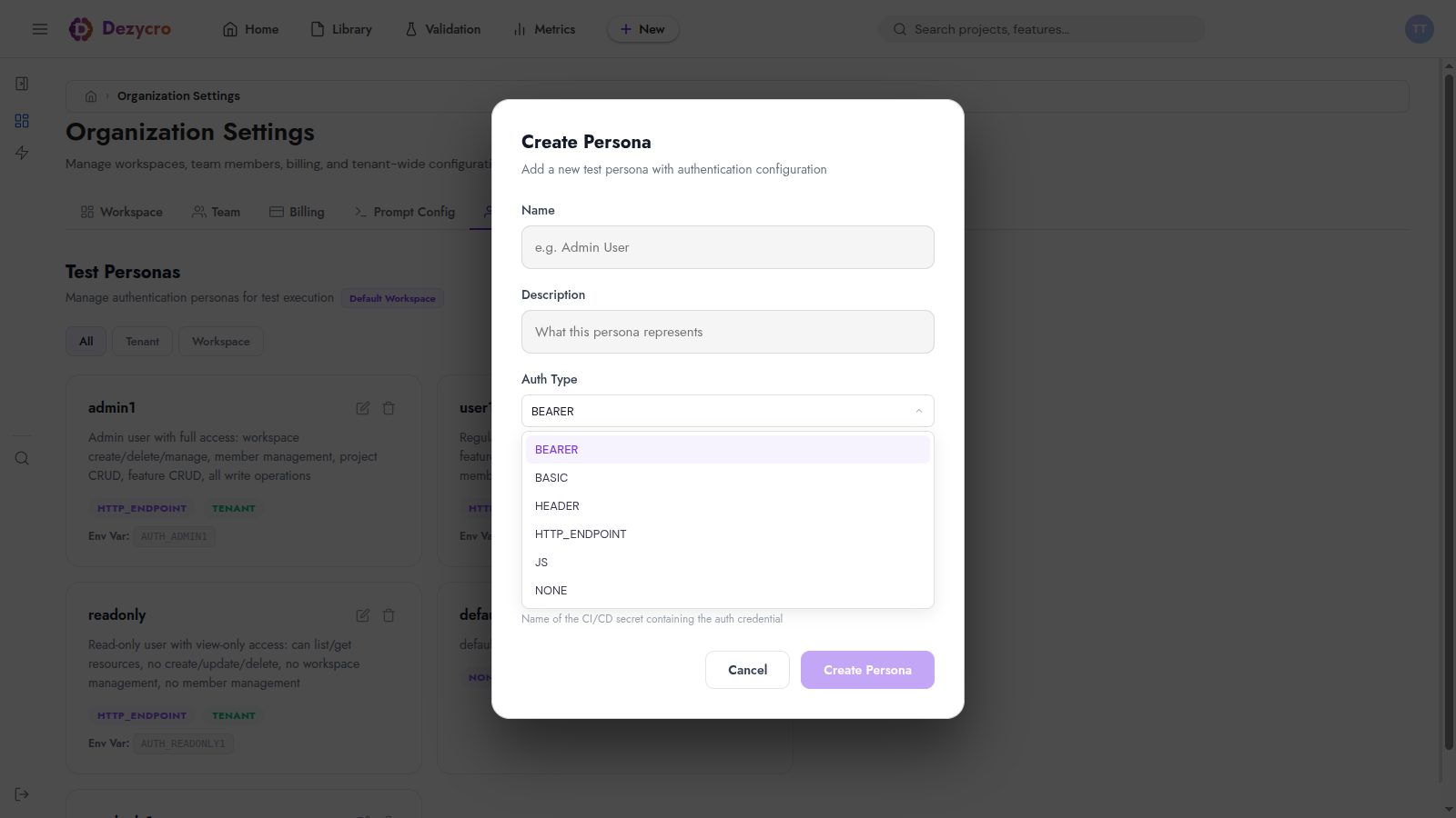 Auth type dropdown options