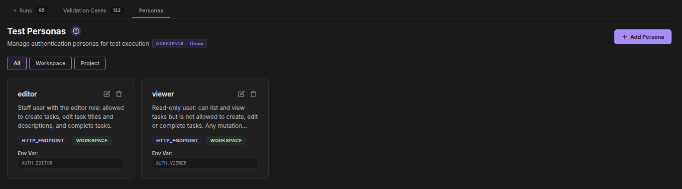 Validation Center → Personas, filtered by scope