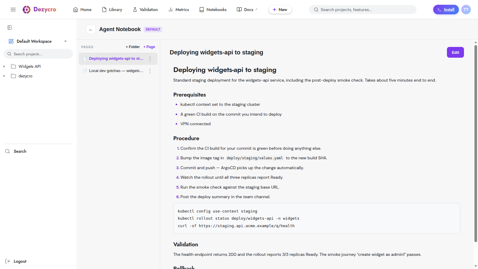 A runbook page in the workspace's default notebook