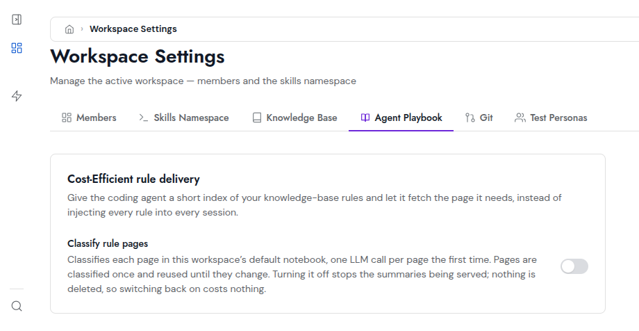 Settings → Agent Playbook: the Cost-Efficient rule delivery switch