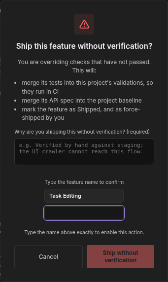 The Ship anyway… confirm: reason, then the exact feature name