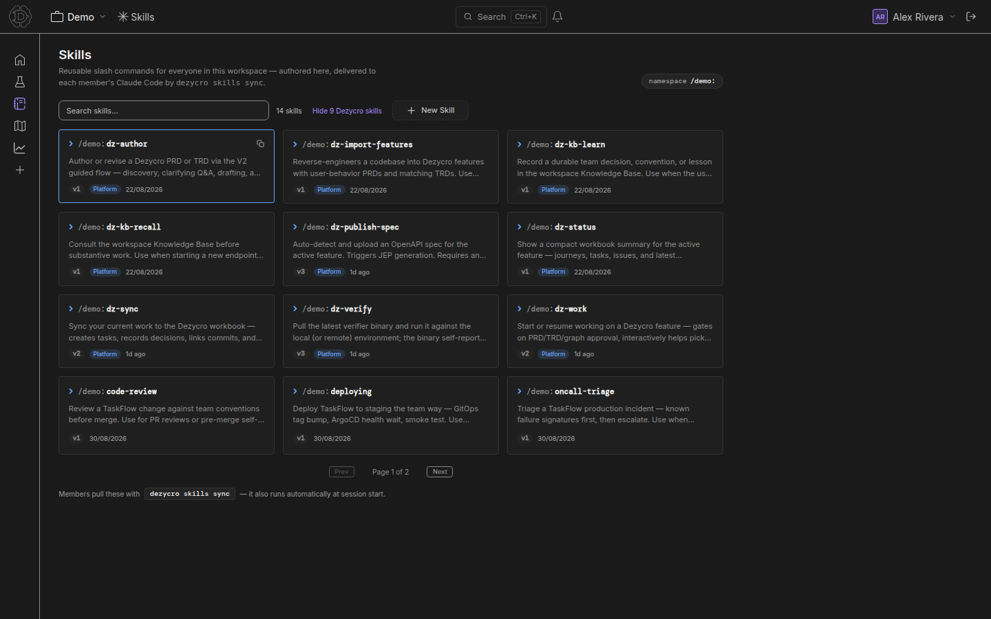 The Skills page, with Dezycro's platform skills shown