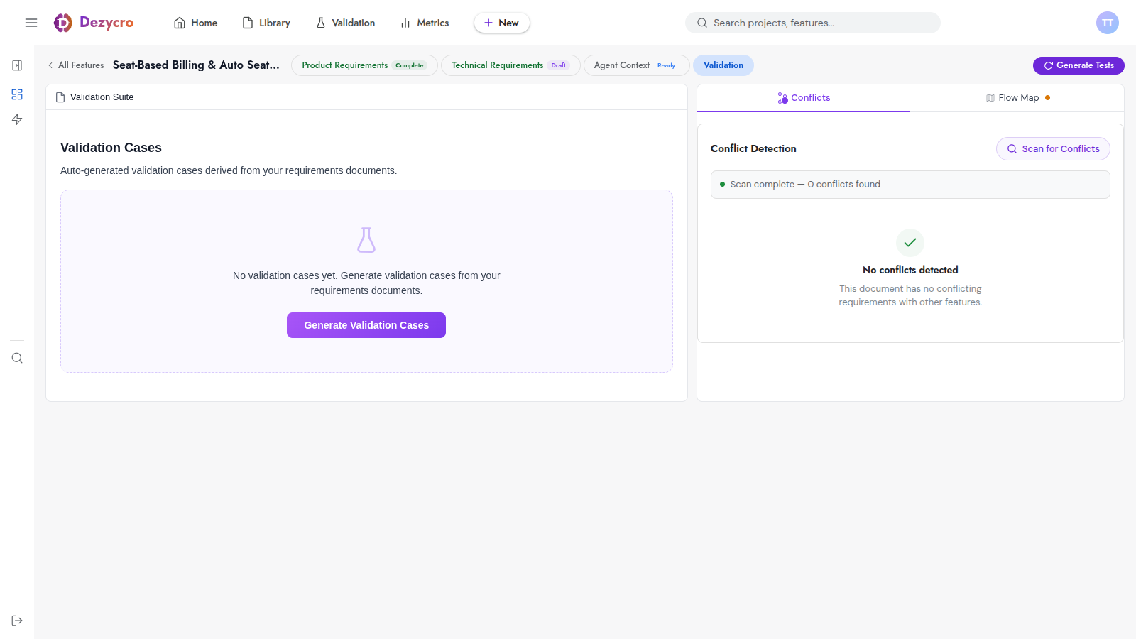 Validation tab — empty state, before any test cases have been generated