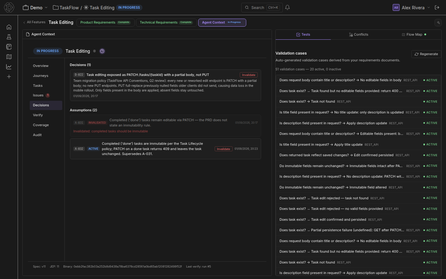 Decisions and assumptions recorded on a feature