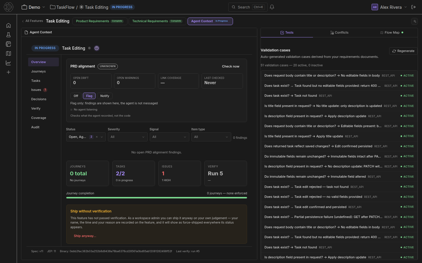 A feature's workbook — overview, journeys, tasks, issues, decisions, verifier runs